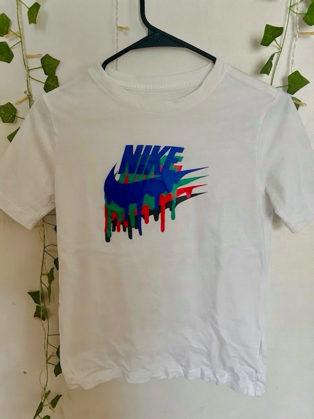Nike White Tee with Multicolor Drip Swoosh